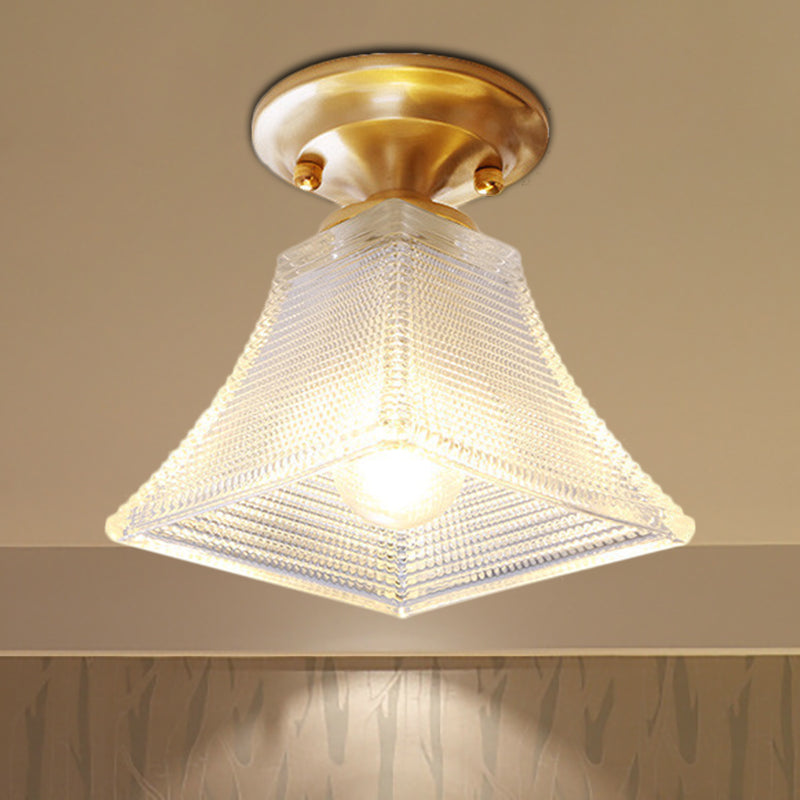 7.5"/8" W 1 Bulb Cone/Bell Ceiling Fixture Colonial Brass Clear Ribbed Glass Flush Mount Light for Hallway Clearhalo 'Ceiling Lights' 'Close To Ceiling Lights' 'Close to ceiling' 'Flush mount' Lighting' 270250