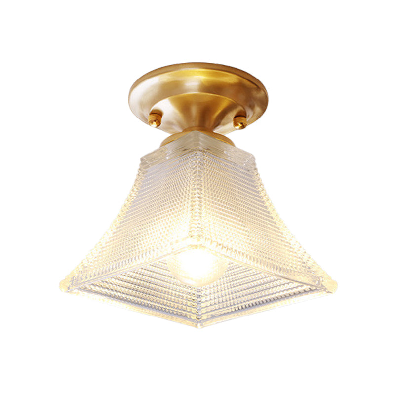 7.5"/8" W 1 Bulb Cone/Bell Ceiling Fixture Colonial Brass Clear Ribbed Glass Flush Mount Light for Hallway Clearhalo 'Ceiling Lights' 'Close To Ceiling Lights' 'Close to ceiling' 'Flush mount' Lighting' 270252