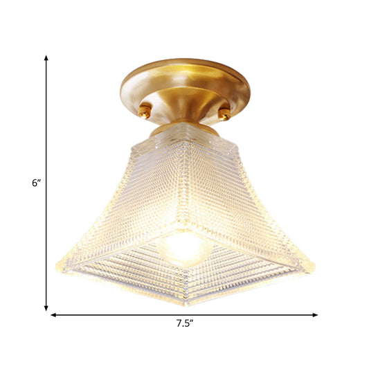 7.5"/8" W 1 Bulb Cone/Bell Ceiling Fixture Colonial Brass Clear Ribbed Glass Flush Mount Light for Hallway Clearhalo 'Ceiling Lights' 'Close To Ceiling Lights' 'Close to ceiling' 'Flush mount' Lighting' 270253