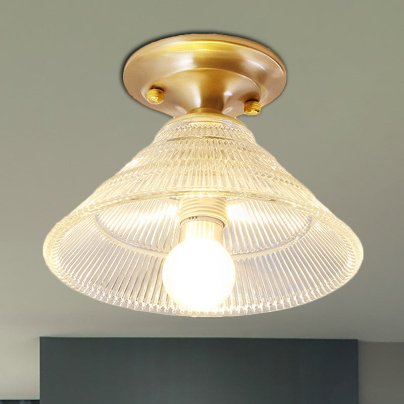 7.5"/8" W 1 Bulb Cone/Bell Ceiling Fixture Colonial Brass Clear Ribbed Glass Flush Mount Light for Hallway Brass 8" Clearhalo 'Ceiling Lights' 'Close To Ceiling Lights' 'Close to ceiling' 'Flush mount' Lighting' 270254