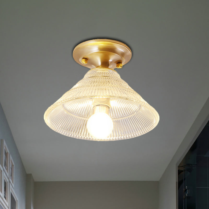 7.5"/8" W 1 Bulb Cone/Bell Ceiling Fixture Colonial Brass Clear Ribbed Glass Flush Mount Light for Hallway Clearhalo 'Ceiling Lights' 'Close To Ceiling Lights' 'Close to ceiling' 'Flush mount' Lighting' 270255