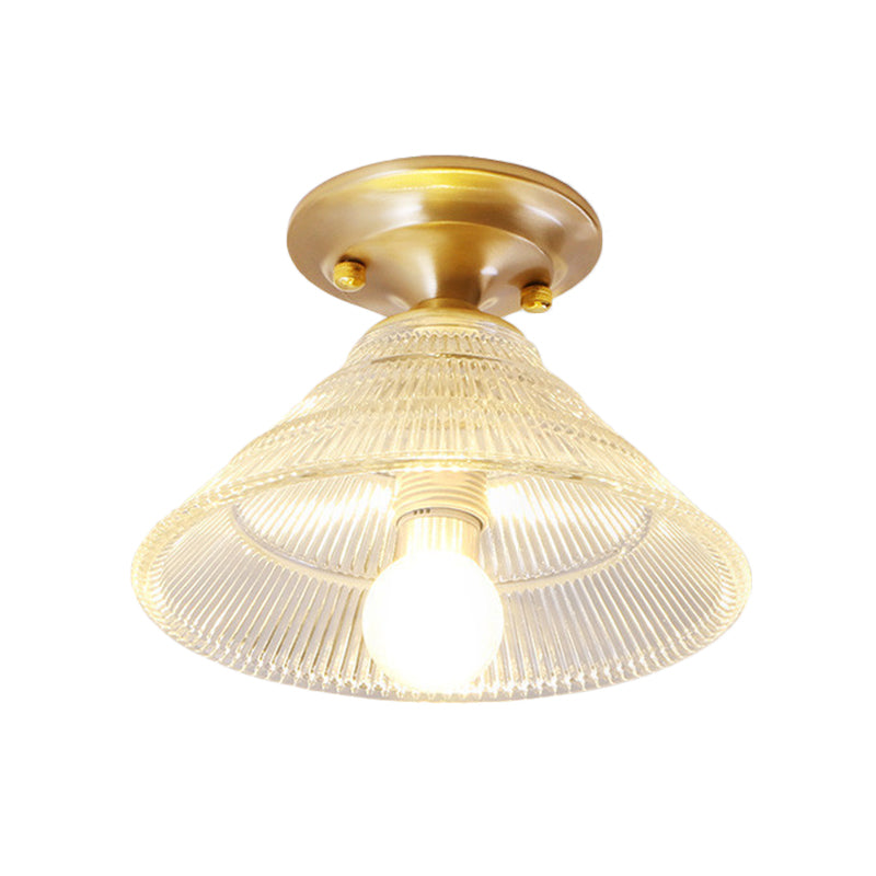 7.5"/8" W 1 Bulb Cone/Bell Ceiling Fixture Colonial Brass Clear Ribbed Glass Flush Mount Light for Hallway Clearhalo 'Ceiling Lights' 'Close To Ceiling Lights' 'Close to ceiling' 'Flush mount' Lighting' 270257