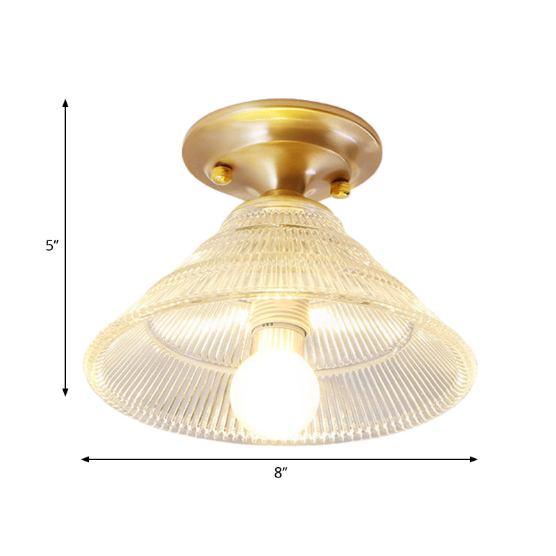 7.5"/8" W 1 Bulb Cone/Bell Ceiling Fixture Colonial Brass Clear Ribbed Glass Flush Mount Light for Hallway Clearhalo 'Ceiling Lights' 'Close To Ceiling Lights' 'Close to ceiling' 'Flush mount' Lighting' 270258