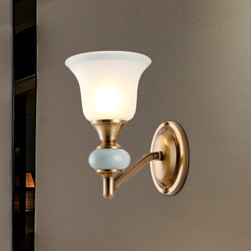 1/2-Head Wall Lighting Fixture with Bell Shade Frosted Glass Vintage Bedroom Wall Light in Brass 1.0 Brass Clearhalo 'Wall Lamps & Sconces' 'Wall Lights' Lighting' 270269