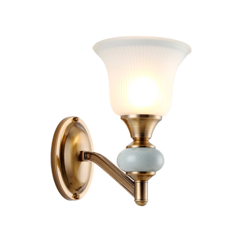 1/2-Head Wall Lighting Fixture with Bell Shade Frosted Glass Vintage Bedroom Wall Light in Brass Clearhalo 'Wall Lamps & Sconces' 'Wall Lights' Lighting' 270272