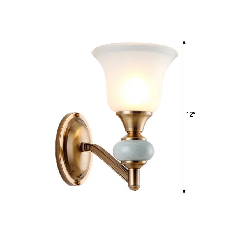 1/2-Head Wall Lighting Fixture with Bell Shade Frosted Glass Vintage Bedroom Wall Light in Brass Clearhalo 'Wall Lamps & Sconces' 'Wall Lights' Lighting' 270273