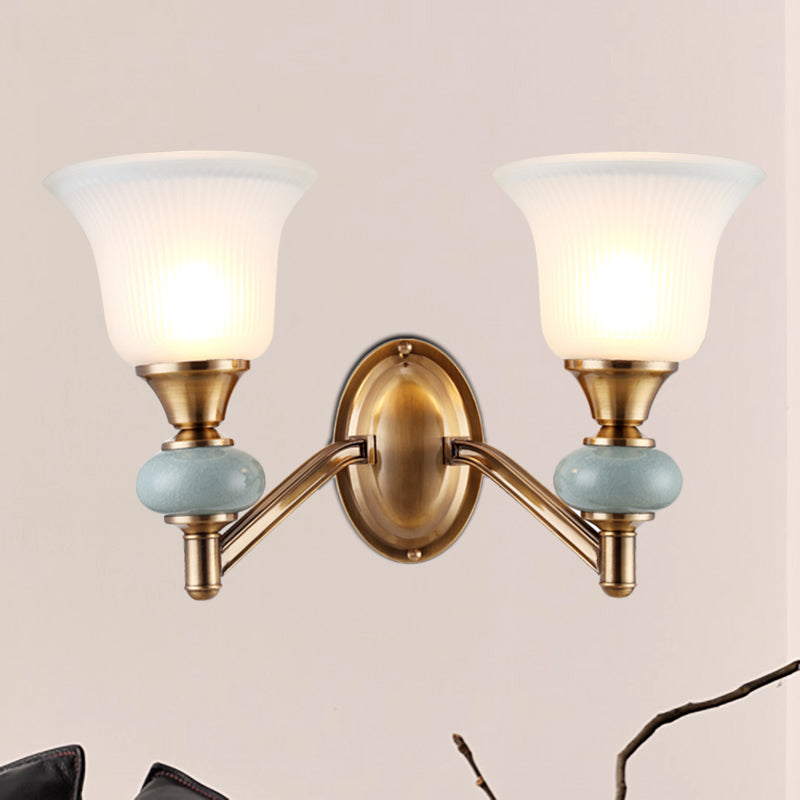 1/2-Head Wall Lighting Fixture with Bell Shade Frosted Glass Vintage Bedroom Wall Light in Brass 2.0 Brass Clearhalo 'Wall Lamps & Sconces' 'Wall Lights' Lighting' 270274