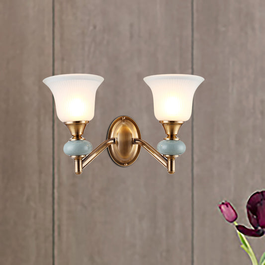 1/2-Head Wall Lighting Fixture with Bell Shade Frosted Glass Vintage Bedroom Wall Light in Brass Clearhalo 'Wall Lamps & Sconces' 'Wall Lights' Lighting' 270275