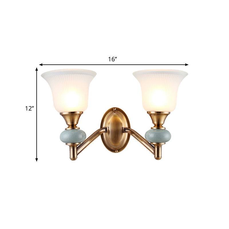 1/2-Head Wall Lighting Fixture with Bell Shade Frosted Glass Vintage Bedroom Wall Light in Brass Clearhalo 'Wall Lamps & Sconces' 'Wall Lights' Lighting' 270278