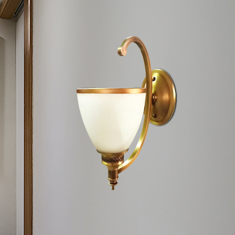 Metal Curved Wall Lighting Fixture Colonial Style 1/2-Light Bedroom Gold Wall Sconce with Opal Glass Bowl Shade 1.0 Gold Clearhalo 'Wall Lamps & Sconces' 'Wall Lights' Lighting' 270290