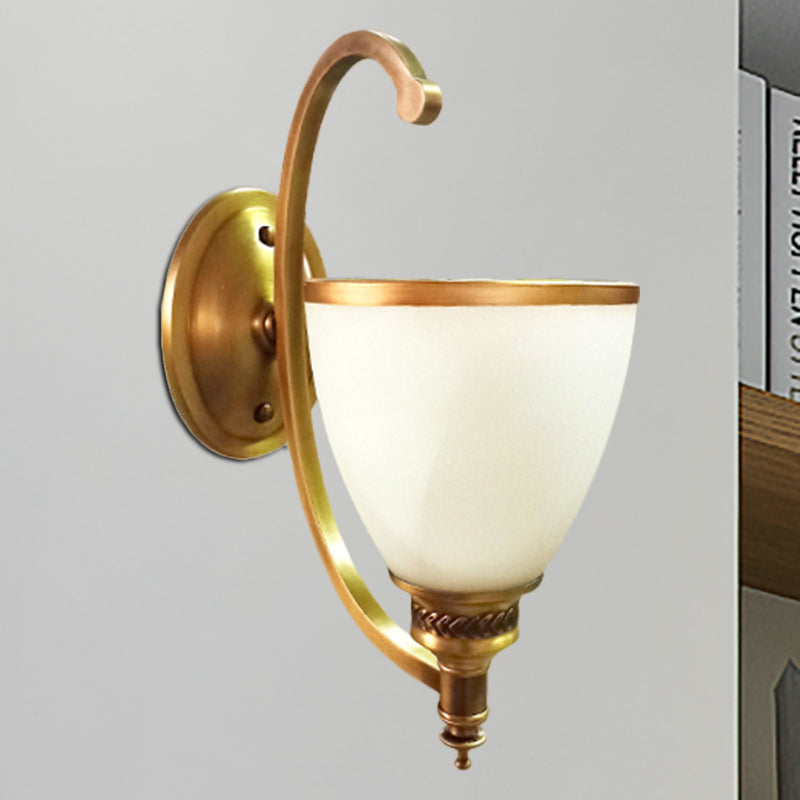 Metal Curved Wall Lighting Fixture Colonial Style 1/2-Light Bedroom Gold Wall Sconce with Opal Glass Bowl Shade Clearhalo 'Wall Lamps & Sconces' 'Wall Lights' Lighting' 270291