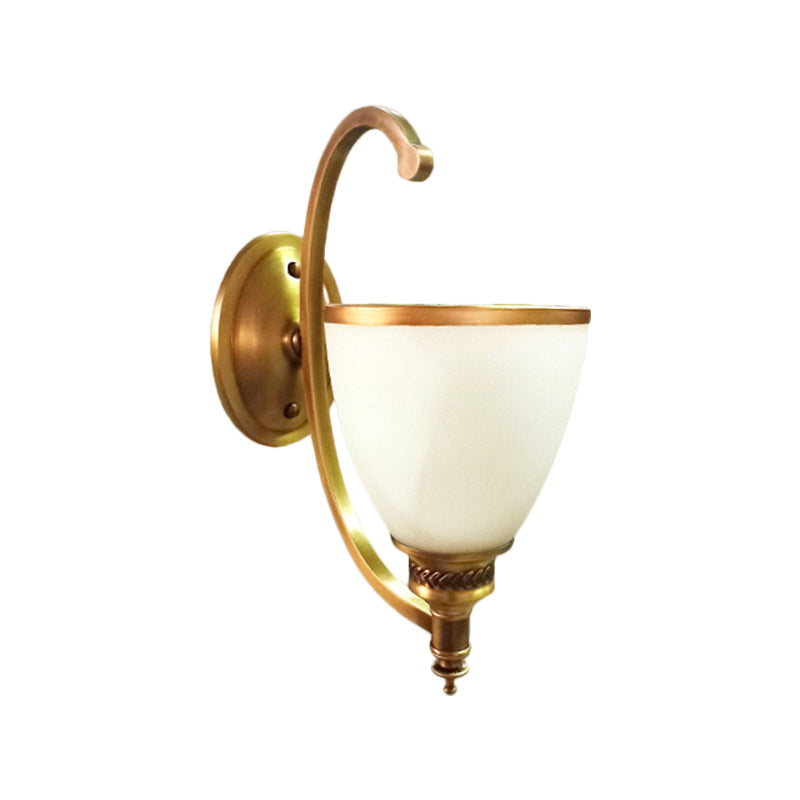 Metal Curved Wall Lighting Fixture Colonial Style 1/2-Light Bedroom Gold Wall Sconce with Opal Glass Bowl Shade Clearhalo 'Wall Lamps & Sconces' 'Wall Lights' Lighting' 270293