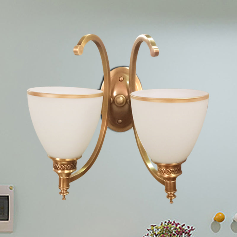 Metal Curved Wall Lighting Fixture Colonial Style 1/2-Light Bedroom Gold Wall Sconce with Opal Glass Bowl Shade 2.0 Gold Clearhalo 'Wall Lamps & Sconces' 'Wall Lights' Lighting' 270295