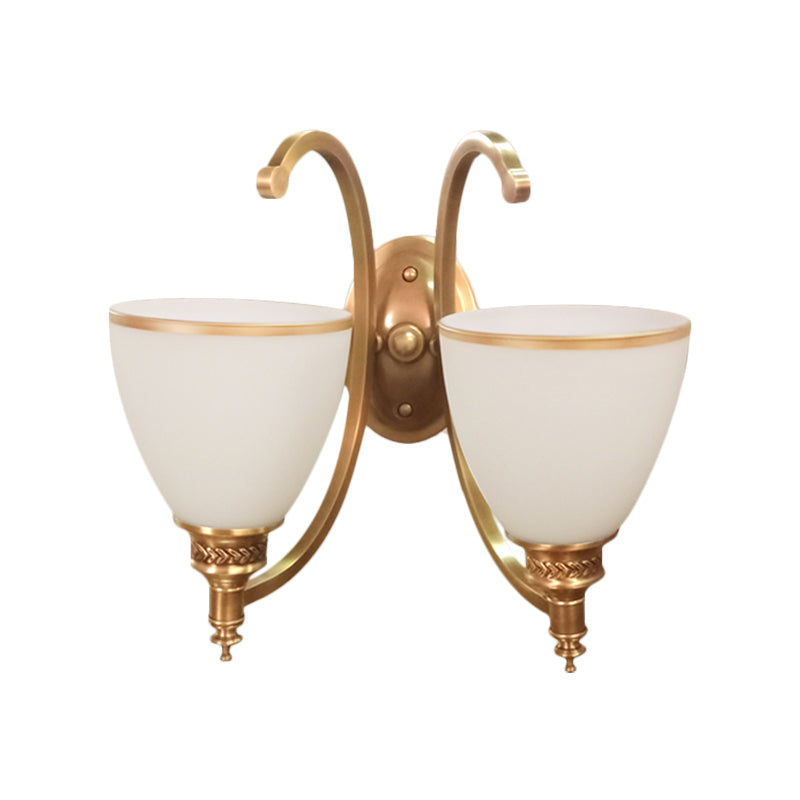 Metal Curved Wall Lighting Fixture Colonial Style 1/2-Light Bedroom Gold Wall Sconce with Opal Glass Bowl Shade Clearhalo 'Wall Lamps & Sconces' 'Wall Lights' Lighting' 270298