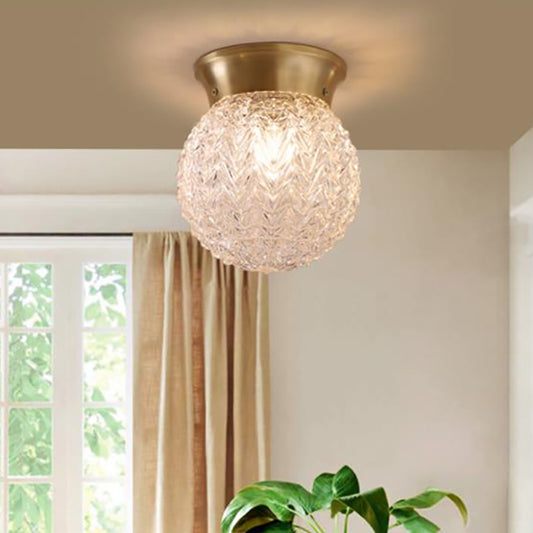 Water Glass Globe Ceiling Lighting Colonial 1 Head Bedroom Flush Mount Light Fixture in Brass Brass Clearhalo 'Ceiling Lights' 'Close To Ceiling Lights' 'Close to ceiling' 'Flush mount' Lighting' 270318