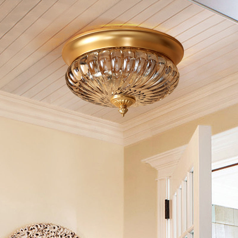 Brass 2 Heads Flush Mount Lamp Colonialism Prismatic Glass Dome Ceiling Fixture for Corridor, 10"/12" W Brass Clearhalo 'Ceiling Lights' 'Close To Ceiling Lights' 'Close to ceiling' 'Flush mount' Lighting' 270340