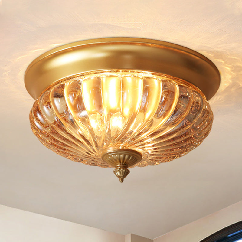 Brass 2 Heads Flush Mount Lamp Colonialism Prismatic Glass Dome Ceiling Fixture for Corridor, 10"/12" W Clearhalo 'Ceiling Lights' 'Close To Ceiling Lights' 'Close to ceiling' 'Flush mount' Lighting' 270341