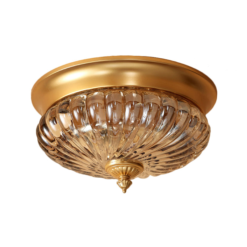 Brass 2 Heads Flush Mount Lamp Colonialism Prismatic Glass Dome Ceiling Fixture for Corridor, 10"/12" W Clearhalo 'Ceiling Lights' 'Close To Ceiling Lights' 'Close to ceiling' 'Flush mount' Lighting' 270343