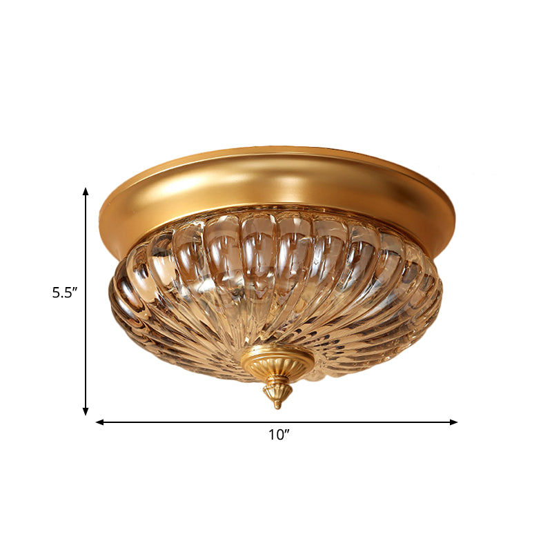 Brass 2 Heads Flush Mount Lamp Colonialism Prismatic Glass Dome Ceiling Fixture for Corridor, 10"/12" W Clearhalo 'Ceiling Lights' 'Close To Ceiling Lights' 'Close to ceiling' 'Flush mount' Lighting' 270344