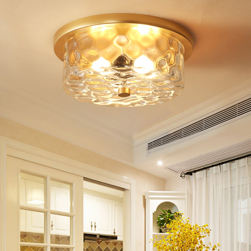 Colonial Drum Ceiling Light Fixture 3 Bulbs Clear Dimple Glass Flush Mount Lighting in Brass for Living Room Brass Clearhalo 'Ceiling Lights' 'Close To Ceiling Lights' 'Close to ceiling' 'Flush mount' Lighting' 270347