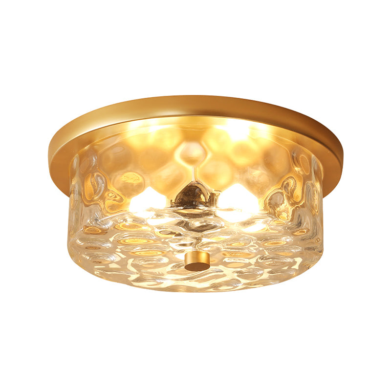 Colonial Drum Ceiling Light Fixture 3 Bulbs Clear Dimple Glass Flush Mount Lighting in Brass for Living Room Clearhalo 'Ceiling Lights' 'Close To Ceiling Lights' 'Close to ceiling' 'Flush mount' Lighting' 270350