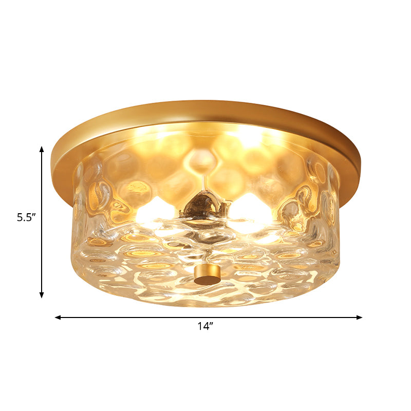 Colonial Drum Ceiling Light Fixture 3 Bulbs Clear Dimple Glass Flush Mount Lighting in Brass for Living Room Clearhalo 'Ceiling Lights' 'Close To Ceiling Lights' 'Close to ceiling' 'Flush mount' Lighting' 270351