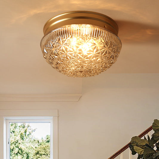 2 Bulbs Bowl Ceiling Mount Colonial Gold Clear Ribbed Glass Flush Light Fixture for Bedroom Gold Clearhalo 'Ceiling Lights' 'Close To Ceiling Lights' 'Close to ceiling' 'Flush mount' Lighting' 270364