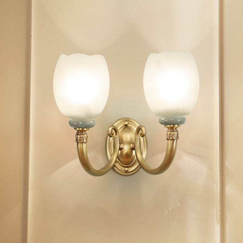 Opaline Glass Petal Wall Lamp Vintage Style 1/2-Light Living Room Sconce Light Fixture in Brass 2.0 Brass Clearhalo 'Wall Lamps & Sconces' 'Wall Lights' Lighting' 270381