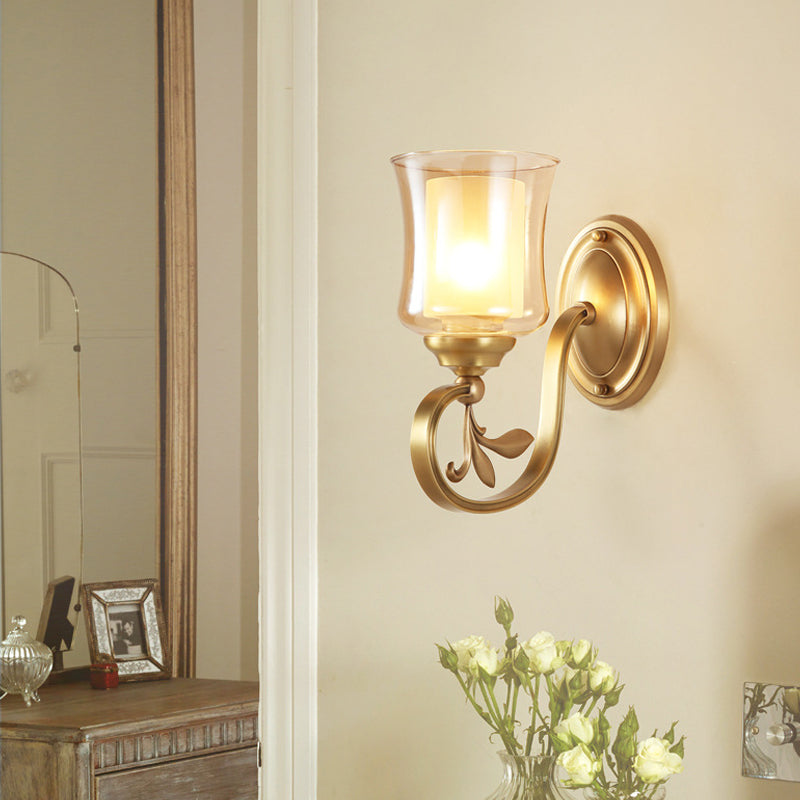 Amber Glass Bell Wall Mounted Lamp Vintage 1/2-Bulb Foyer Brass Finish Sconce Lighting with Inner Cylinder Shade 1.0 Brass Clearhalo 'Wall Lamps & Sconces' 'Wall Lights' Lighting' 270393