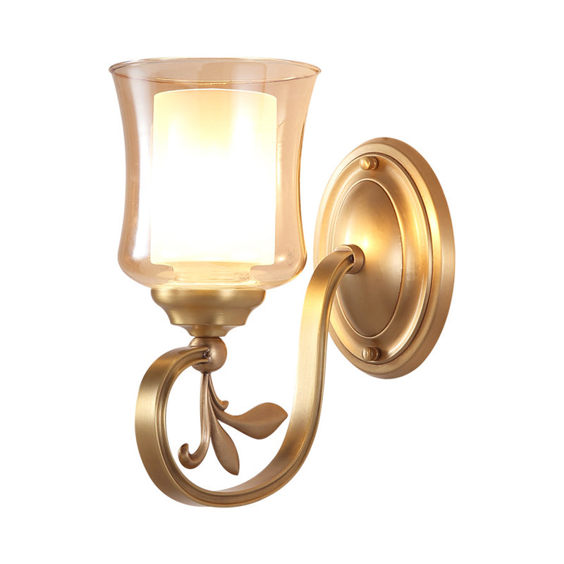 Amber Glass Bell Wall Mounted Lamp Vintage 1/2-Bulb Foyer Brass Finish Sconce Lighting with Inner Cylinder Shade Clearhalo 'Wall Lamps & Sconces' 'Wall Lights' Lighting' 270396