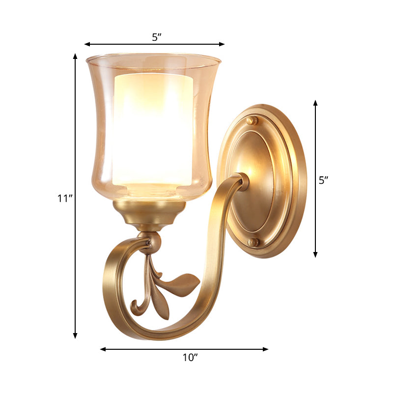 Amber Glass Bell Wall Mounted Lamp Vintage 1/2-Bulb Foyer Brass Finish Sconce Lighting with Inner Cylinder Shade Clearhalo 'Wall Lamps & Sconces' 'Wall Lights' Lighting' 270397