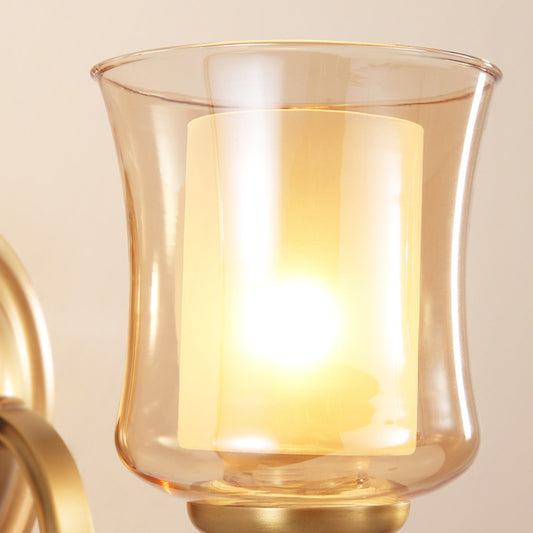 Amber Glass Bell Wall Mounted Lamp Vintage 1/2-Bulb Foyer Brass Finish Sconce Lighting with Inner Cylinder Shade Clearhalo 'Wall Lamps & Sconces' 'Wall Lights' Lighting' 270398