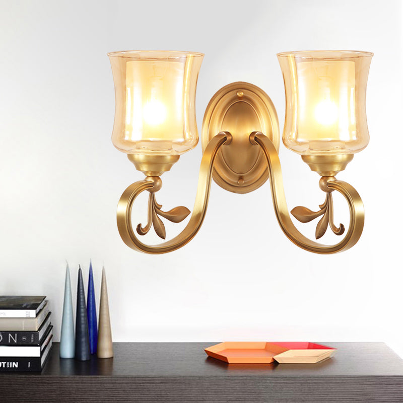 Amber Glass Bell Wall Mounted Lamp Vintage 1/2-Bulb Foyer Brass Finish Sconce Lighting with Inner Cylinder Shade 2.0 Brass Clearhalo 'Wall Lamps & Sconces' 'Wall Lights' Lighting' 270399