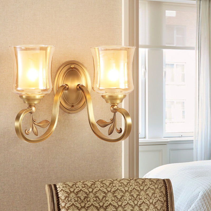 Amber Glass Bell Wall Mounted Lamp Vintage 1/2-Bulb Foyer Brass Finish Sconce Lighting with Inner Cylinder Shade Clearhalo 'Wall Lamps & Sconces' 'Wall Lights' Lighting' 270400