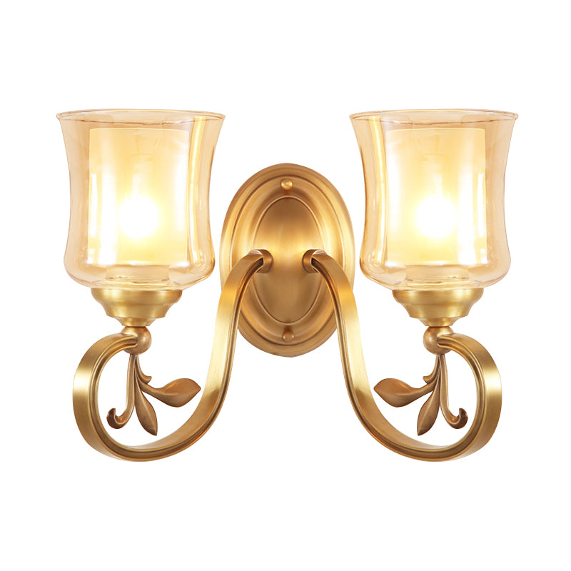 Amber Glass Bell Wall Mounted Lamp Vintage 1/2-Bulb Foyer Brass Finish Sconce Lighting with Inner Cylinder Shade Clearhalo 'Wall Lamps & Sconces' 'Wall Lights' Lighting' 270402