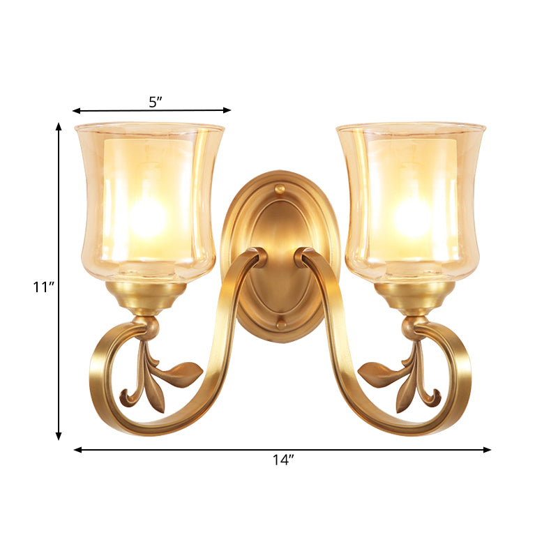 Amber Glass Bell Wall Mounted Lamp Vintage 1/2-Bulb Foyer Brass Finish Sconce Lighting with Inner Cylinder Shade Clearhalo 'Wall Lamps & Sconces' 'Wall Lights' Lighting' 270403