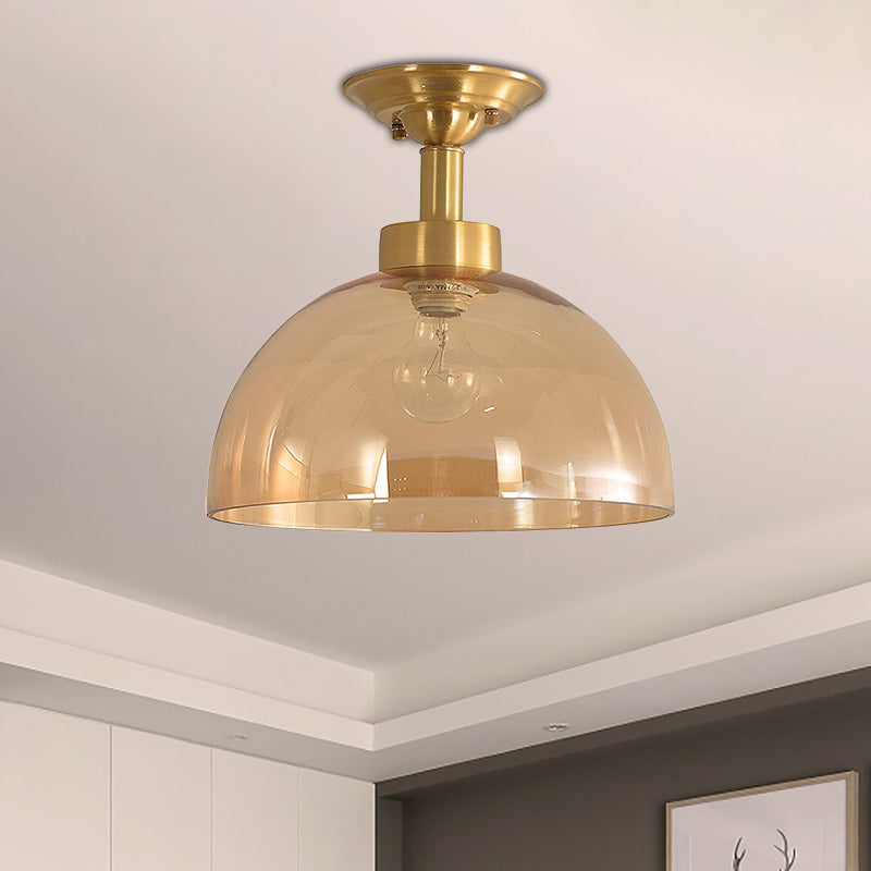 Colonial Dome Ceiling Light Fixture 1 Bulb Amber Glass Semi Mount Lighting in Brass for Hallway Brass Clearhalo 'Ceiling Lights' 'Close To Ceiling Lights' 'Close to ceiling' 'Glass shade' 'Glass' 'Semi-flushmount' Lighting' 270427