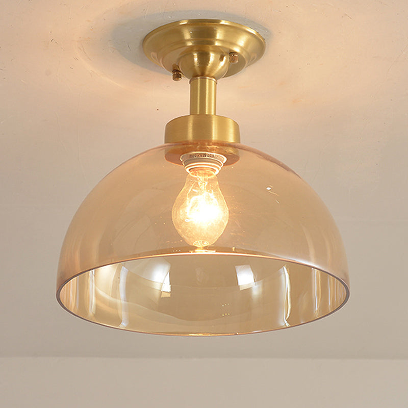Colonial Dome Ceiling Light Fixture 1 Bulb Amber Glass Semi Mount Lighting in Brass for Hallway Clearhalo 'Ceiling Lights' 'Close To Ceiling Lights' 'Close to ceiling' 'Glass shade' 'Glass' 'Semi-flushmount' Lighting' 270428