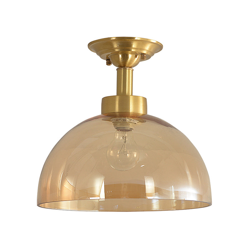 Colonial Dome Ceiling Light Fixture 1 Bulb Amber Glass Semi Mount Lighting in Brass for Hallway Clearhalo 'Ceiling Lights' 'Close To Ceiling Lights' 'Close to ceiling' 'Glass shade' 'Glass' 'Semi-flushmount' Lighting' 270430