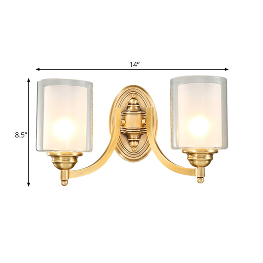 Cylindrical Indoor Wall Sconce Lighting Modern Style Double Glass 1/2-Head Brass Finish Wall Lamp for Bedroom Clearhalo 'Wall Lamps & Sconces' 'Wall Lights' Lighting' 270447