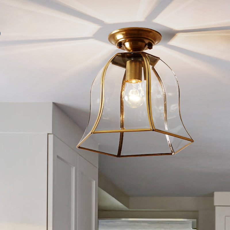 Clear Glass Bell Ceiling Lighting Colonial 1 Head Foyer Flush Mount Fixture in Brass Brass Clearhalo 'Ceiling Lights' 'Close To Ceiling Lights' 'Close to ceiling' 'Flush mount' Lighting' 270460