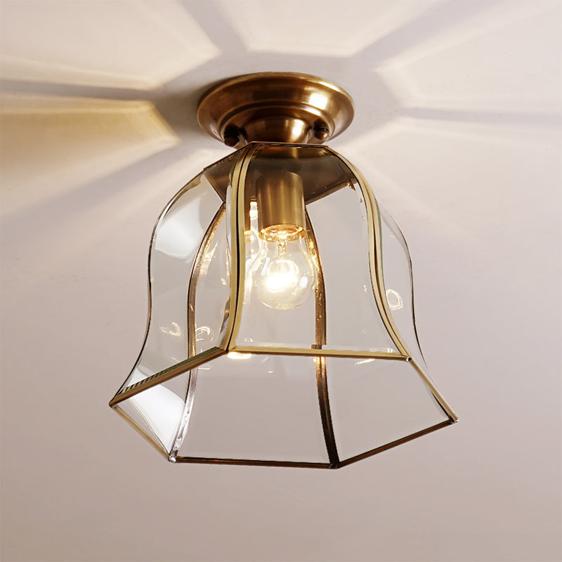 Clear Glass Bell Ceiling Lighting Colonial 1 Head Foyer Flush Mount Fixture in Brass Clearhalo 'Ceiling Lights' 'Close To Ceiling Lights' 'Close to ceiling' 'Flush mount' Lighting' 270461