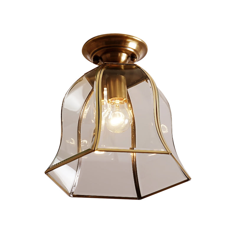 Clear Glass Bell Ceiling Lighting Colonial 1 Head Foyer Flush Mount Fixture in Brass Clearhalo 'Ceiling Lights' 'Close To Ceiling Lights' 'Close to ceiling' 'Flush mount' Lighting' 270463