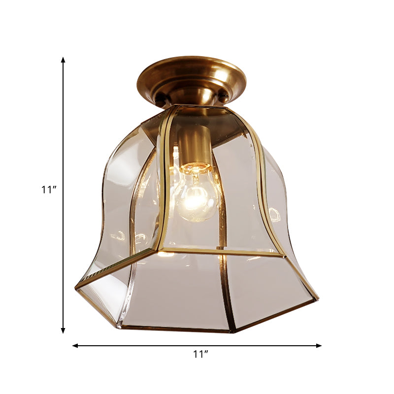 Clear Glass Bell Ceiling Lighting Colonial 1 Head Foyer Flush Mount Fixture in Brass Clearhalo 'Ceiling Lights' 'Close To Ceiling Lights' 'Close to ceiling' 'Flush mount' Lighting' 270464