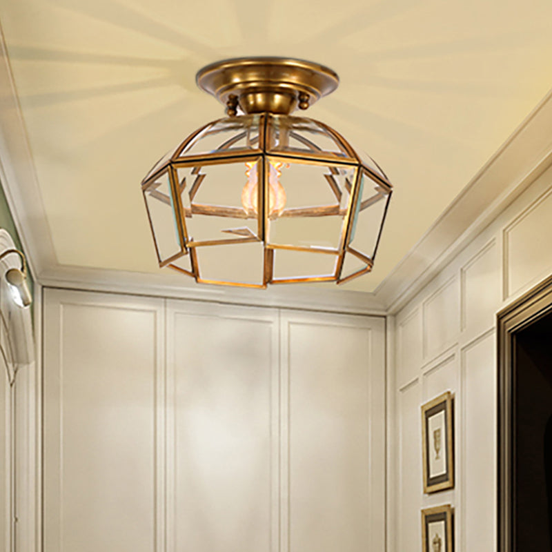 Colonialist Beveled Ceiling Mounted Light 1 Bulb Clear Glass Flush Mount Light Fixture in Brass Brass Clearhalo 'Ceiling Lights' 'Close To Ceiling Lights' 'Close to ceiling' 'Flush mount' Lighting' 270465