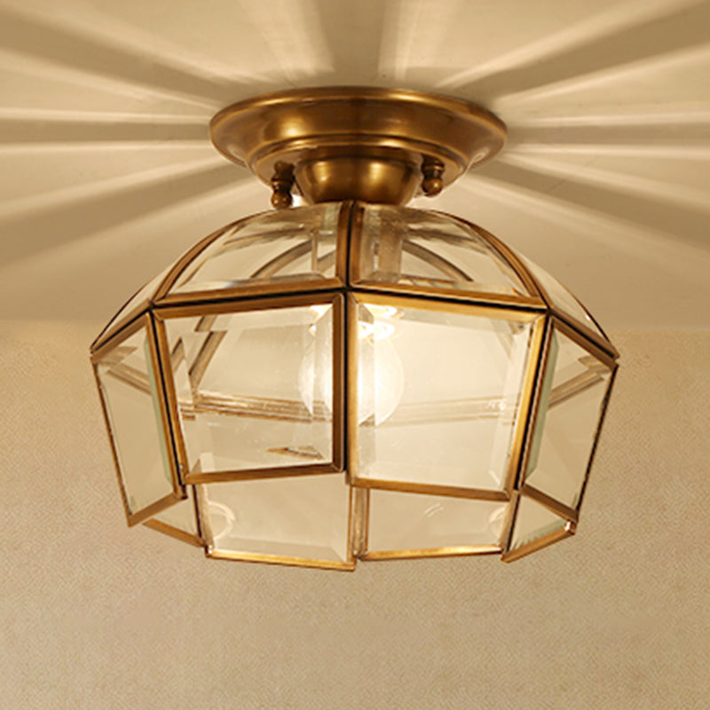 Colonialist Beveled Ceiling Mounted Light 1 Bulb Clear Glass Flush Mount Light Fixture in Brass Clearhalo 'Ceiling Lights' 'Close To Ceiling Lights' 'Close to ceiling' 'Flush mount' Lighting' 270466