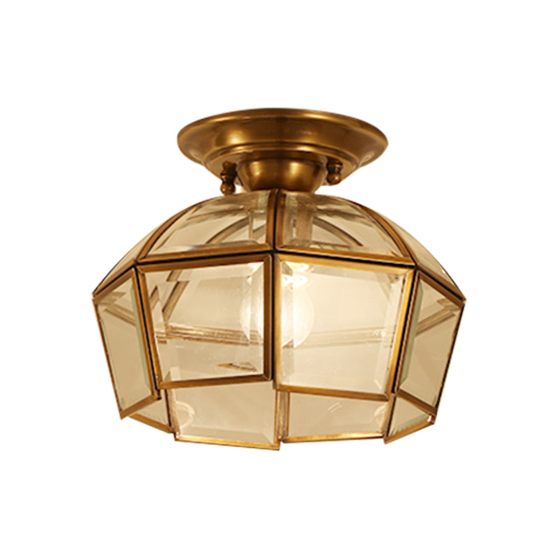 Colonialist Beveled Ceiling Mounted Light 1 Bulb Clear Glass Flush Mount Light Fixture in Brass Clearhalo 'Ceiling Lights' 'Close To Ceiling Lights' 'Close to ceiling' 'Flush mount' Lighting' 270468