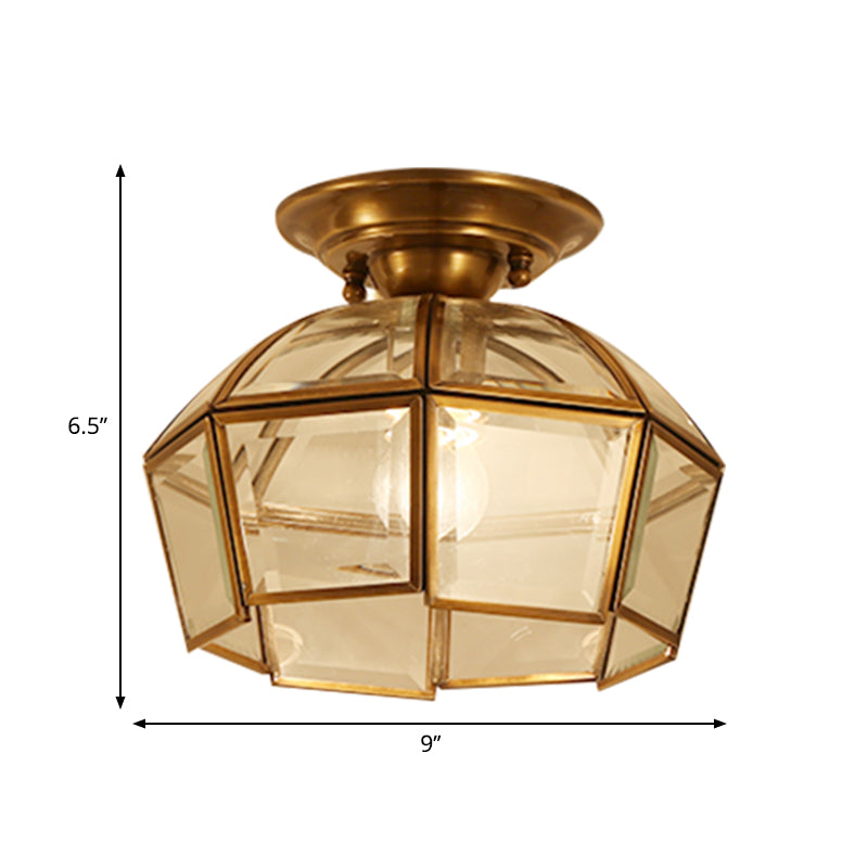 Colonialist Beveled Ceiling Mounted Light 1 Bulb Clear Glass Flush Mount Light Fixture in Brass Clearhalo 'Ceiling Lights' 'Close To Ceiling Lights' 'Close to ceiling' 'Flush mount' Lighting' 270469