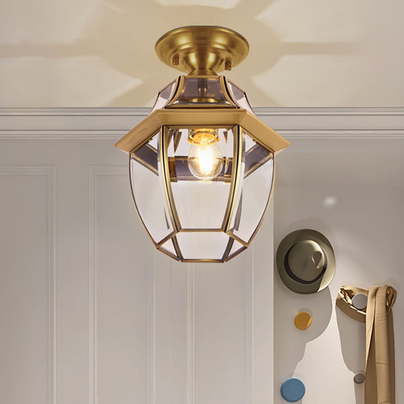 Lantern Bedroom Flush Mount Light Colonial Clear Bevel Glass 1 Bulb Brass Close to Ceiling Lamp Brass Clearhalo 'Ceiling Lights' 'Close To Ceiling Lights' 'Close to ceiling' 'Flush mount' Lighting' 270485