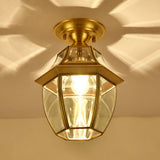 Lantern Bedroom Flush Mount Light Colonial Clear Bevel Glass 1 Bulb Brass Close to Ceiling Lamp Clearhalo 'Ceiling Lights' 'Close To Ceiling Lights' 'Close to ceiling' 'Flush mount' Lighting' 270486